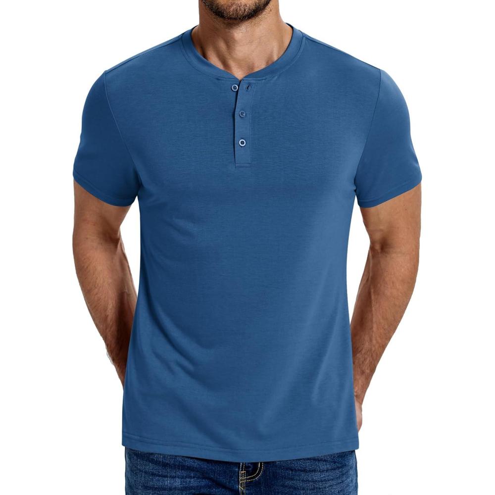 imageCOOFANDY Mens Henley Shirts Cotton Short Sleeve Casual TShirt Button Henley Basic Tee Lightweight Summer TopDenim Blue