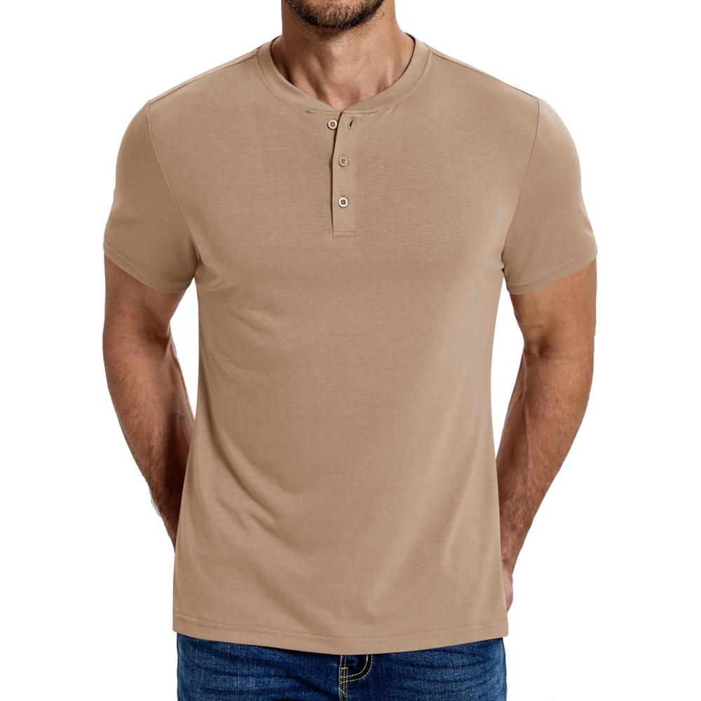 imageCOOFANDY Mens Henley Shirts Cotton Short Sleeve Casual TShirt Button Henley Basic Tee Lightweight Summer TopKhaki