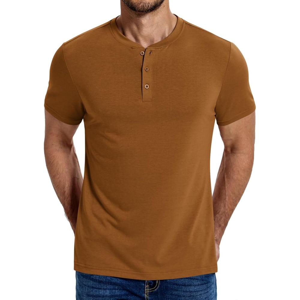 imageCOOFANDY Mens Henley Shirts Cotton Short Sleeve Casual TShirt Button Henley Basic Tee Lightweight Summer TopLight Brown