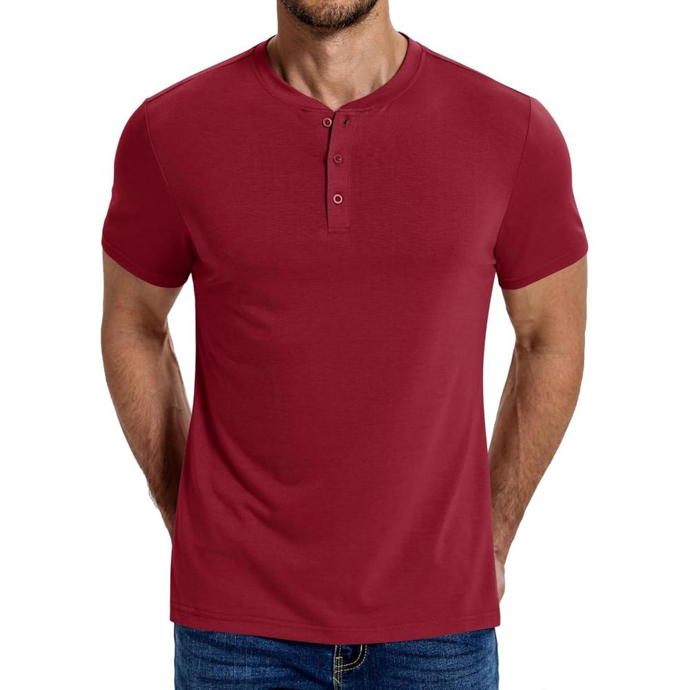 imageCOOFANDY Mens Henley Shirts Cotton Short Sleeve Casual TShirt Button Henley Basic Tee Lightweight Summer TopWine Red