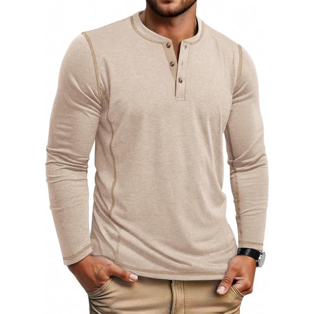 imageCOOFANDY Mens Henley Shirts Long Sleeve Casual Maverick Slub Henley TShirts Lightweight Basic Tee01light Khaki