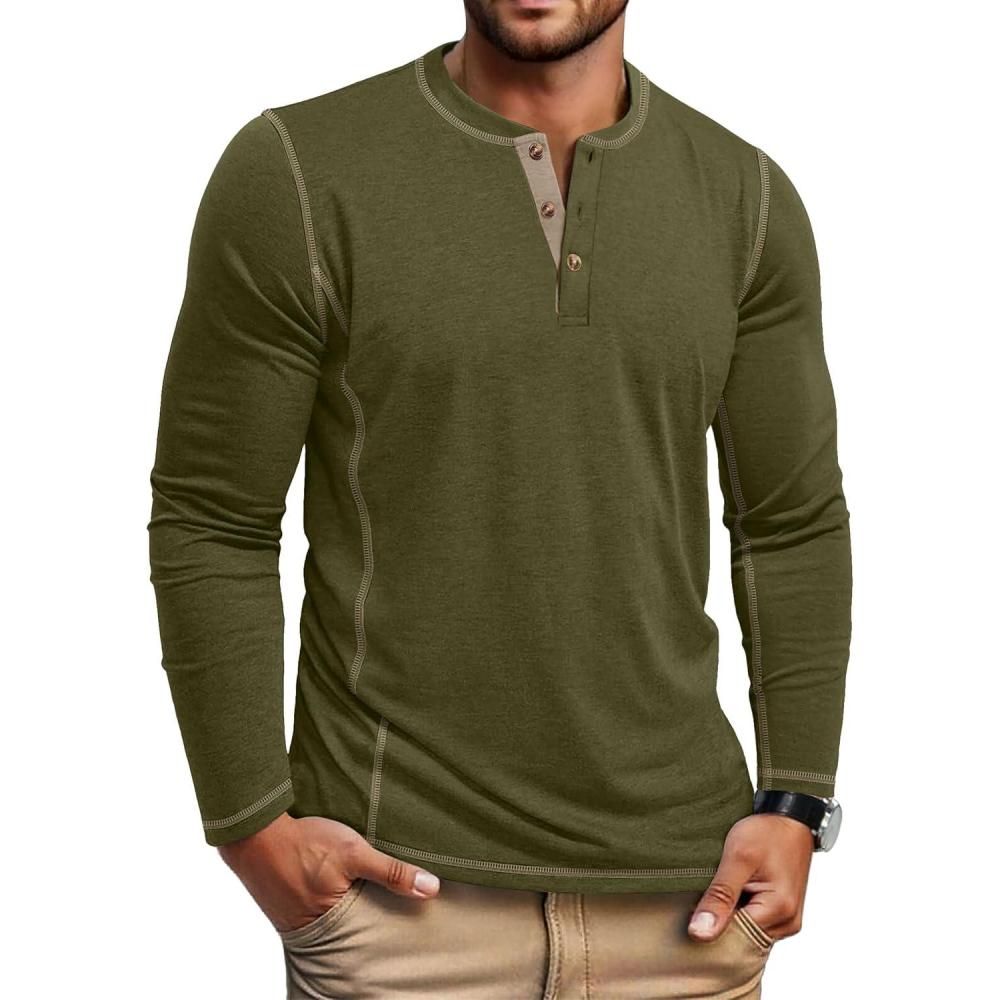 imageCOOFANDY Mens Henley Shirts Long Sleeve Casual Maverick Slub Henley TShirts Lightweight Basic Tee02army Green