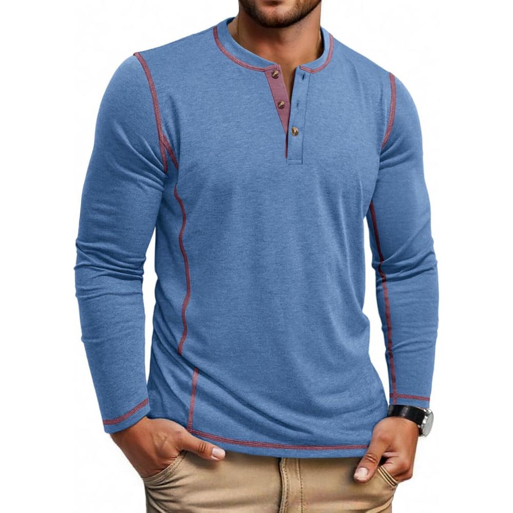imageCOOFANDY Mens Henley Shirts Long Sleeve Casual Maverick Slub Henley TShirts Lightweight Basic TeeBlue