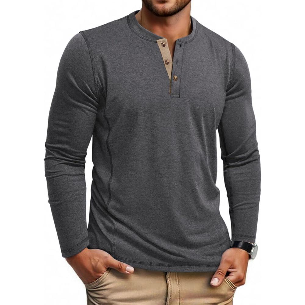 imageCOOFANDY Mens Henley Shirts Long Sleeve Casual Maverick Slub Henley TShirts Lightweight Basic TeeDark Gray