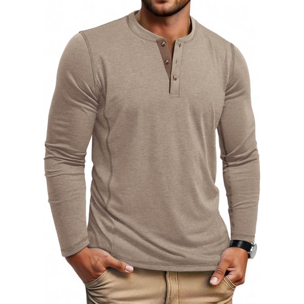 imageCOOFANDY Mens Henley Shirts Long Sleeve Casual Maverick Slub Henley TShirts Lightweight Basic TeeKhaki