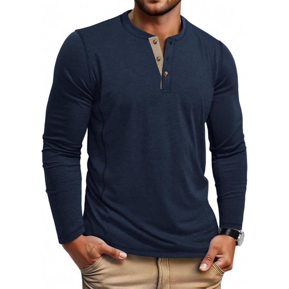 imageCOOFANDY Mens Henley Shirts Long Sleeve Casual Maverick Slub Henley TShirts Lightweight Basic TeeNavy Blue