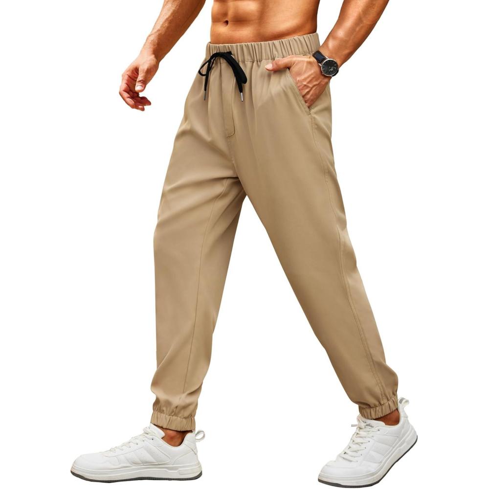 imageCOOFANDY Mens Joggers Pants Regular Fit Casual Pants Lightweight Elastic Waistband Pants with Pockets01khaki
