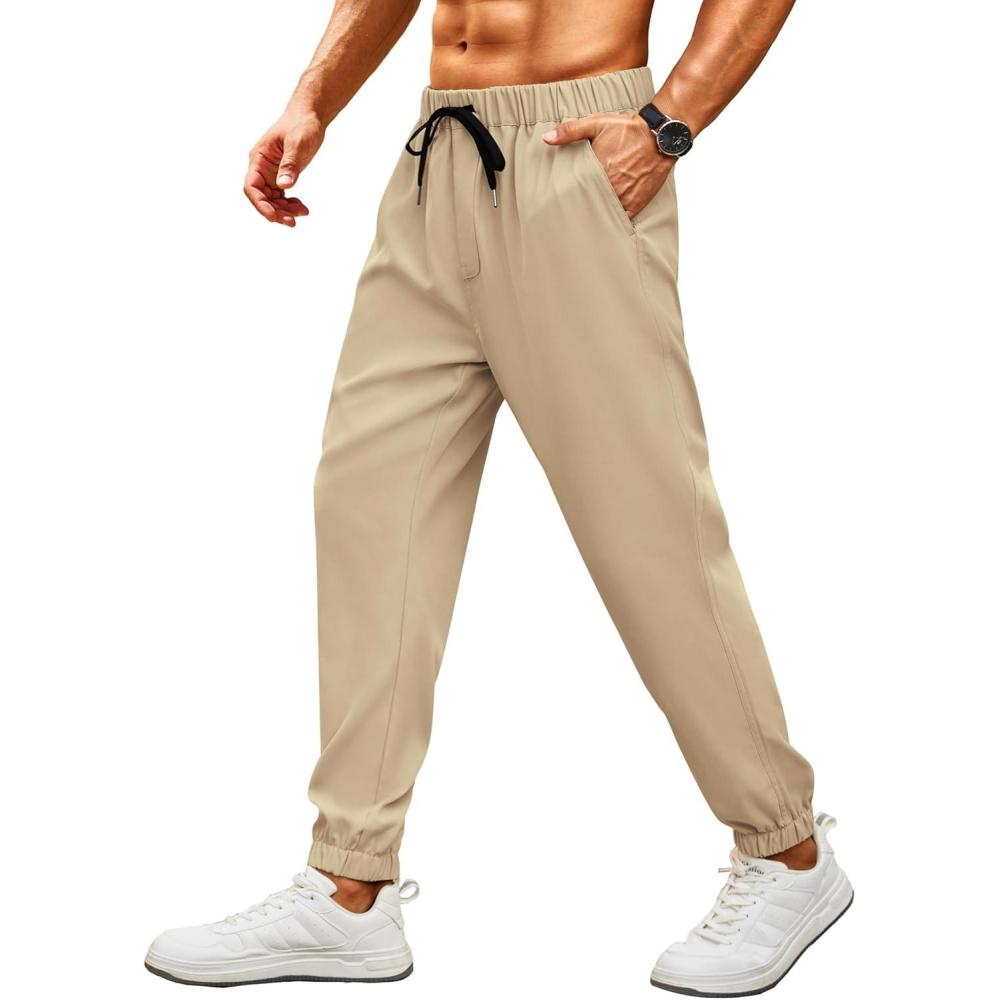 imageCOOFANDY Mens Joggers Pants Regular Fit Casual Pants Lightweight Elastic Waistband Pants with PocketsLight Khaki