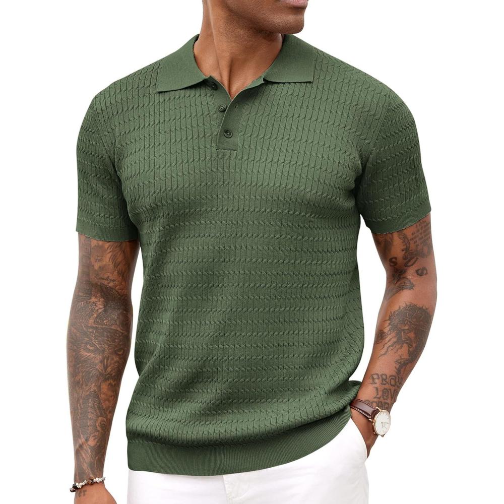 imageCOOFANDY Mens Knit Polo Shirt Short Sleeve Vintage Textured Casual Golf Shirts Summer Beach TopArmy Green