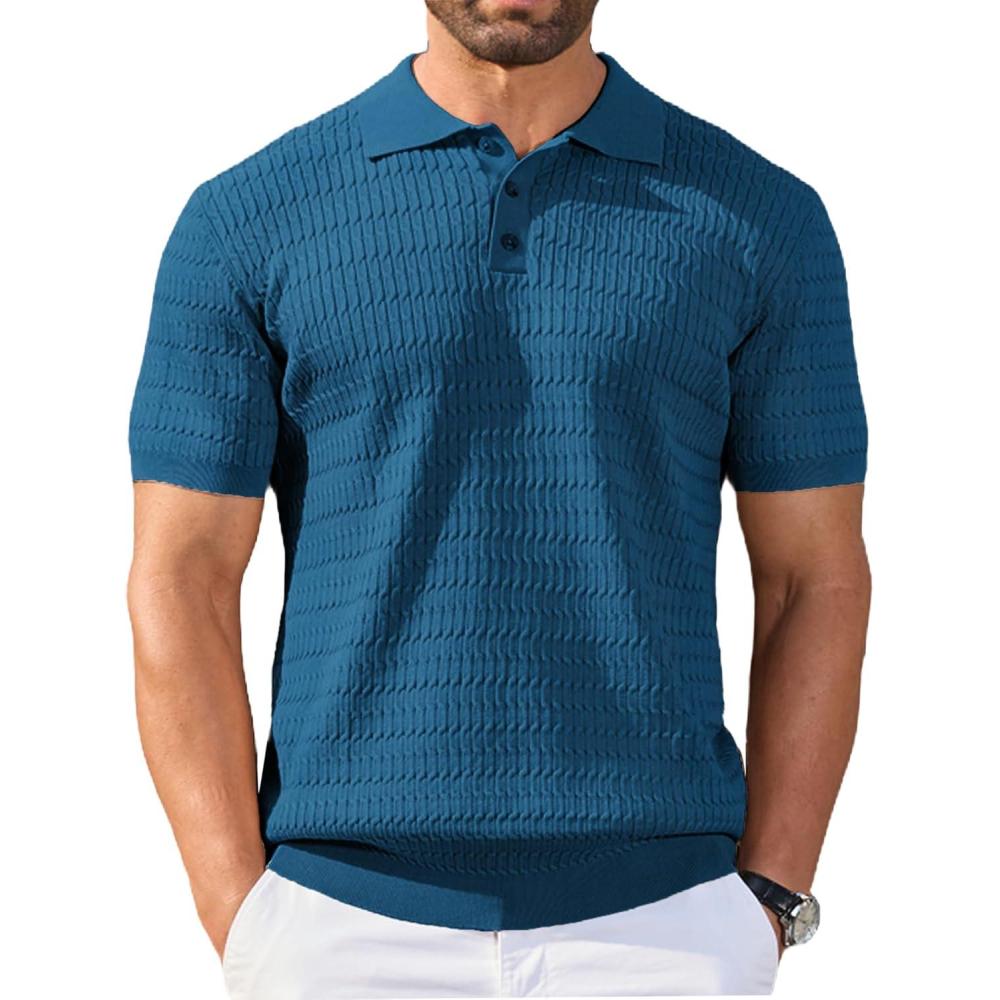 imageCOOFANDY Mens Knit Polo Shirt Short Sleeve Vintage Textured Casual Golf Shirts Summer Beach TopBlue