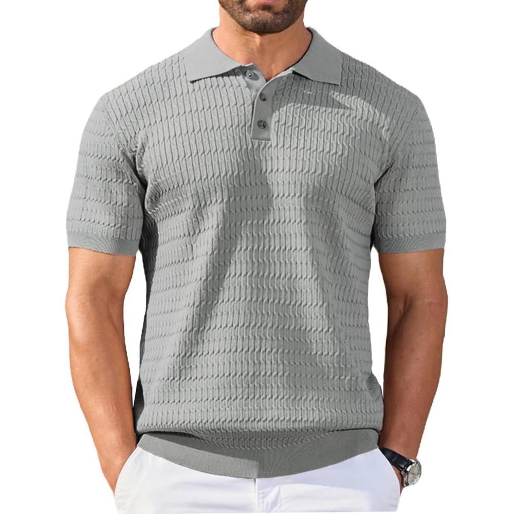 imageCOOFANDY Mens Knit Polo Shirt Short Sleeve Vintage Textured Casual Golf Shirts Summer Beach TopLight Gray