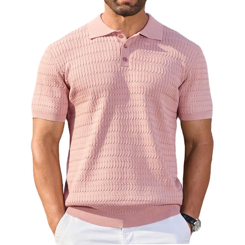 imageCOOFANDY Mens Knit Polo Shirt Short Sleeve Vintage Textured Casual Golf Shirts Summer Beach TopPink