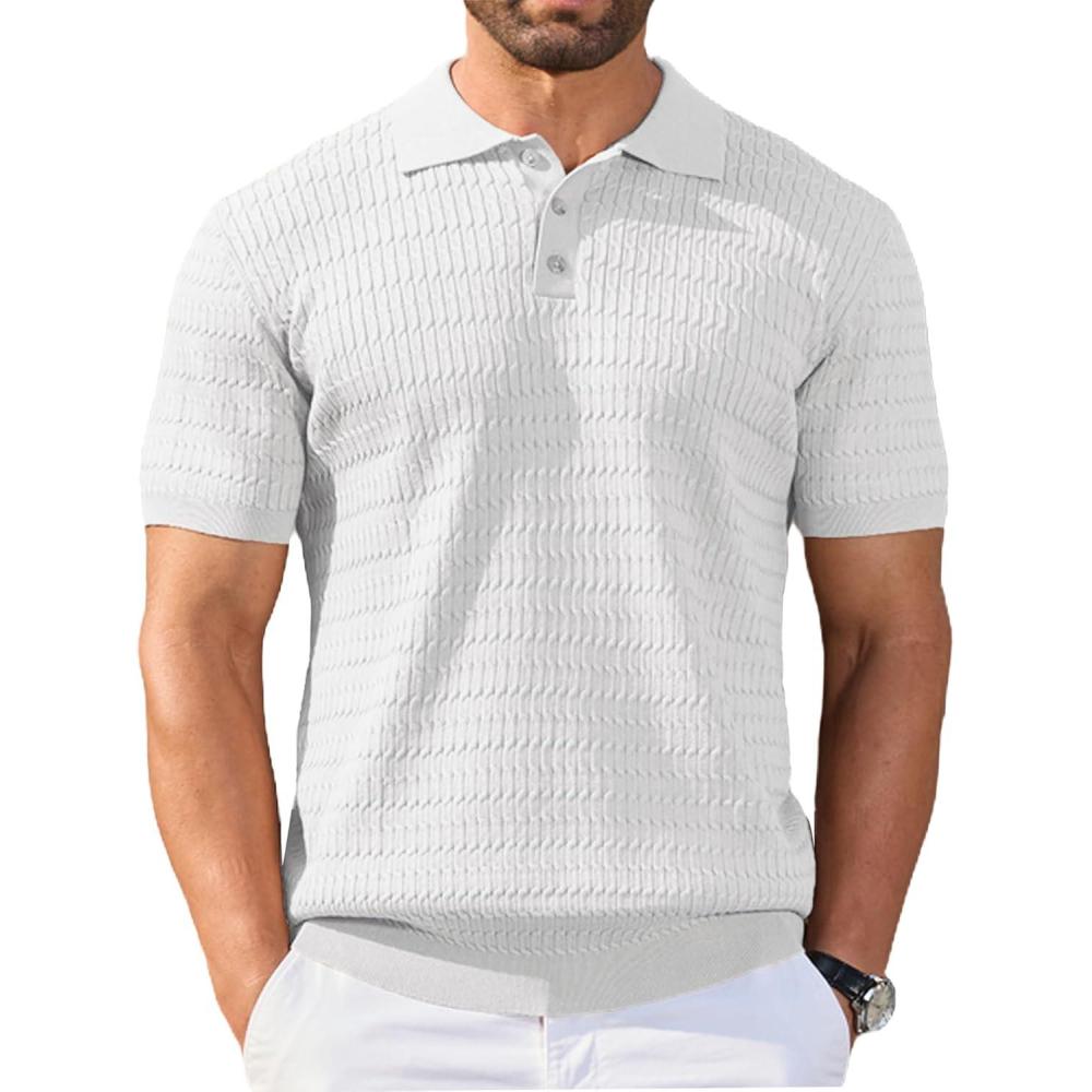 imageCOOFANDY Mens Knit Polo Shirt Short Sleeve Vintage Textured Casual Golf Shirts Summer Beach TopWhite