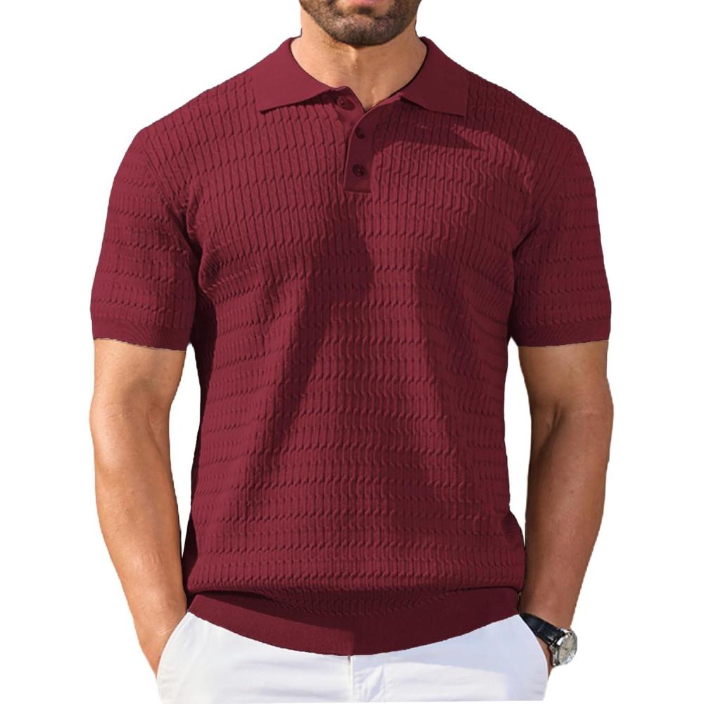 imageCOOFANDY Mens Knit Polo Shirt Short Sleeve Vintage Textured Casual Golf Shirts Summer Beach TopWine Red