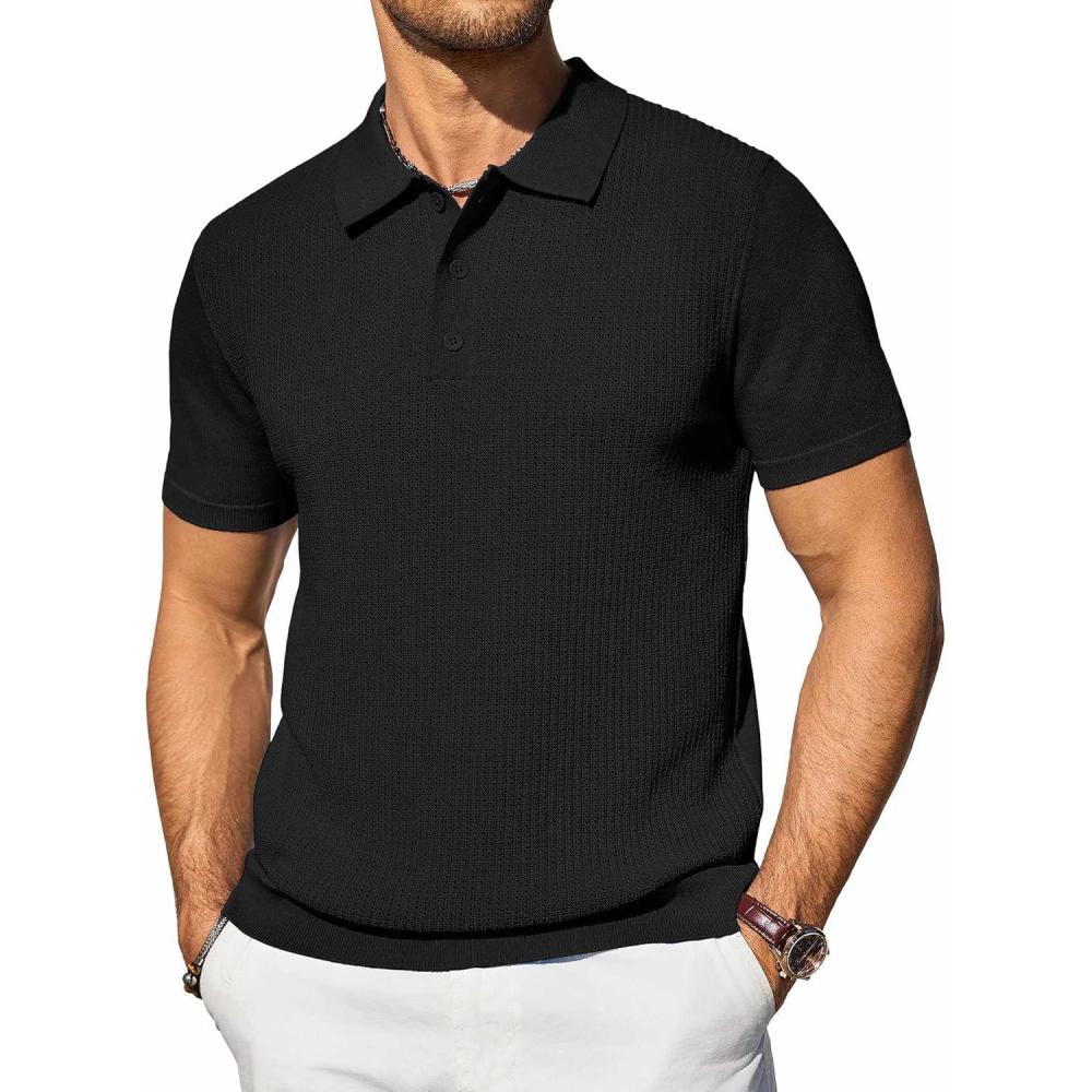 imageCOOFANDY Mens Knit Polo Shirts Casual Short Sleeve Button Down Polo Shirt Classic Golf ShirtsBlack