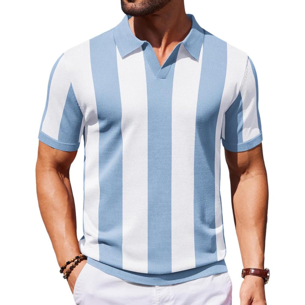 imageCOOFANDY Mens Knit Polo Shirts Casual Short Sleeve Button Down Polo Shirt Classic Golf ShirtsLight Blue  White Stripes