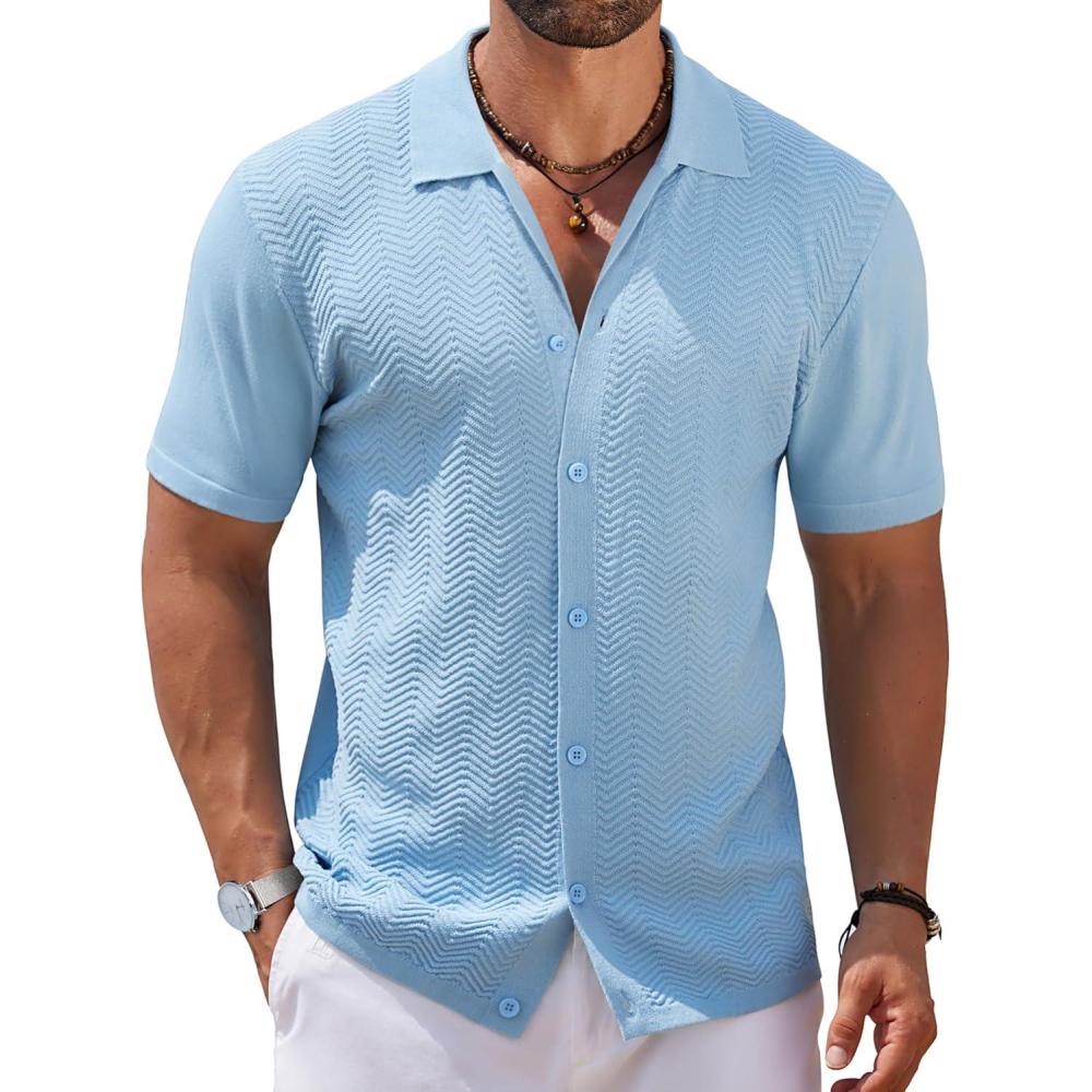 imageCOOFANDY Mens Knit Polo Shirts Short Sleeve Button Up Shirts Fashion Casual Summer Beach Shirts Golf Polo Shirts Light Blue
