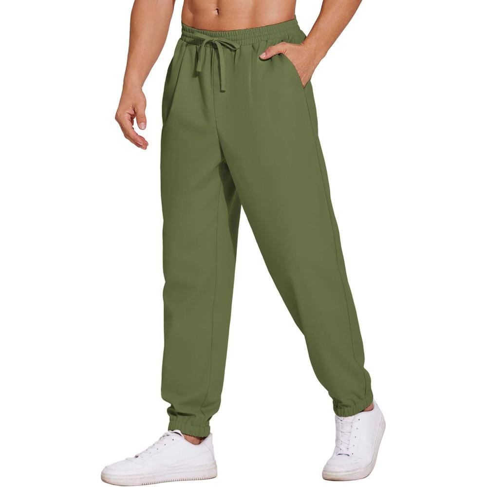 imageCOOFANDY Mens Linen Casual Lightweight Pants Elastic Waist Drawstring Beach Pants with PocketsArmy Green