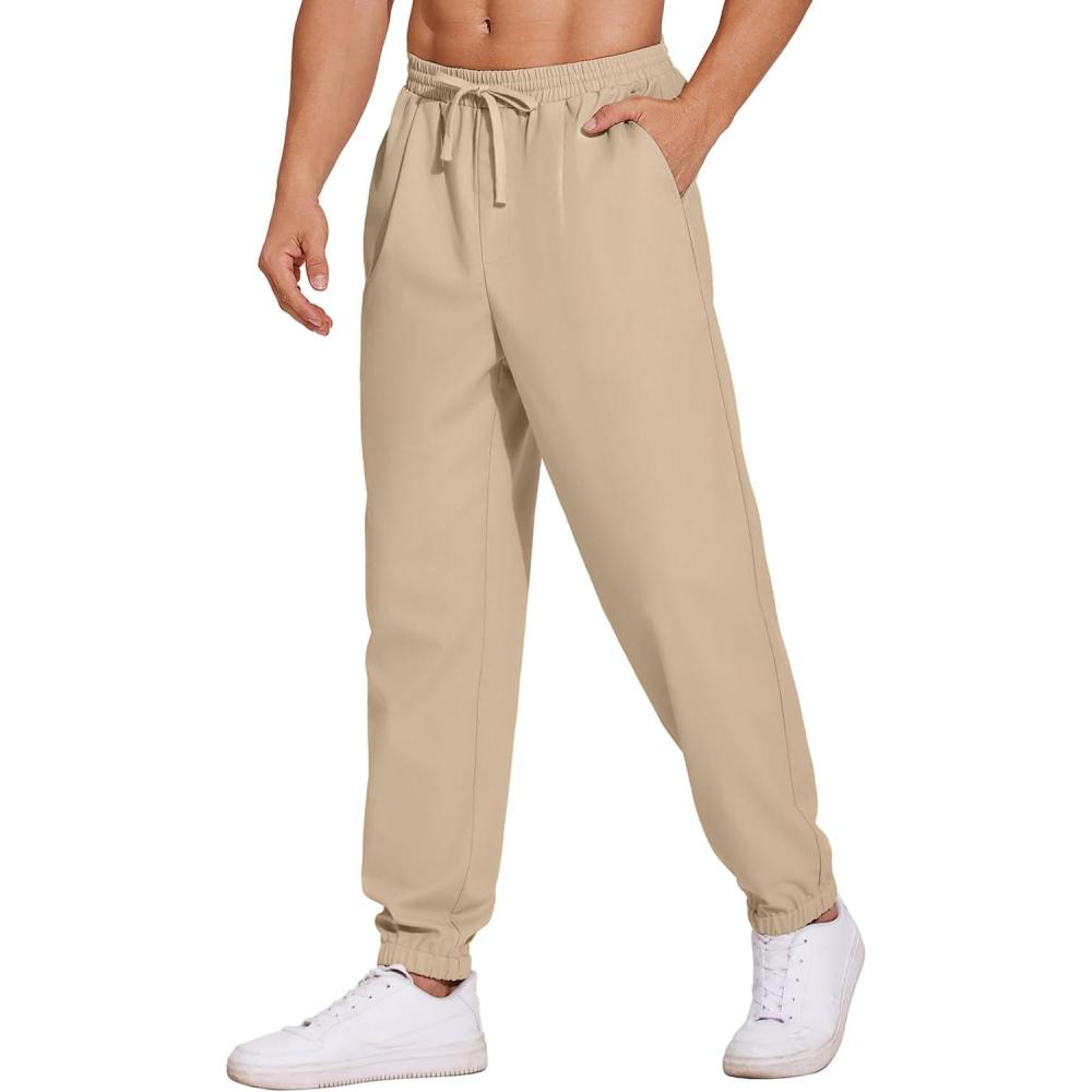imageCOOFANDY Mens Linen Casual Lightweight Pants Elastic Waist Drawstring Beach Pants with PocketsKhaki