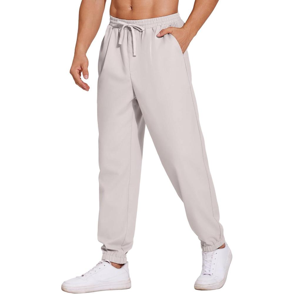 imageCOOFANDY Mens Linen Casual Lightweight Pants Elastic Waist Drawstring Beach Pants with PocketsLight Grey