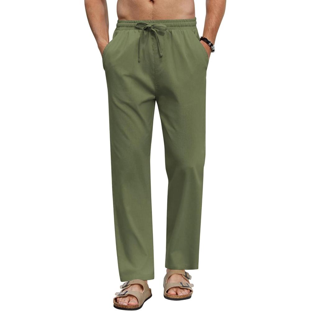 imageCOOFANDY Mens Linen Casual Pants Elastic Waist Beach Pants Lightweight Drawstring Summer Yoga PantsArmy Green
