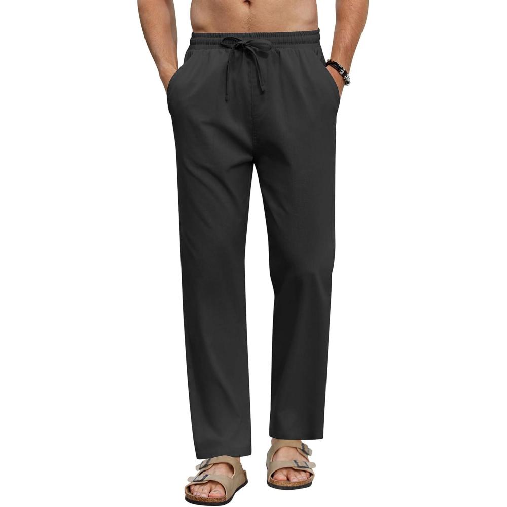 imageCOOFANDY Mens Linen Casual Pants Elastic Waist Beach Pants Lightweight Drawstring Summer Yoga PantsBlack