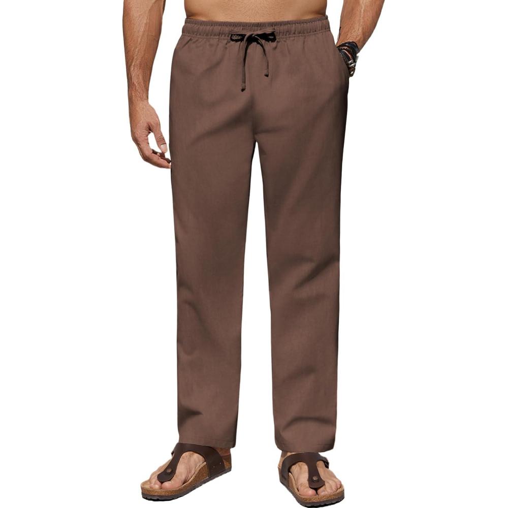 imageCOOFANDY Mens Linen Casual Pants Elastic Waist Beach Pants Lightweight Drawstring Summer Yoga PantsBrown