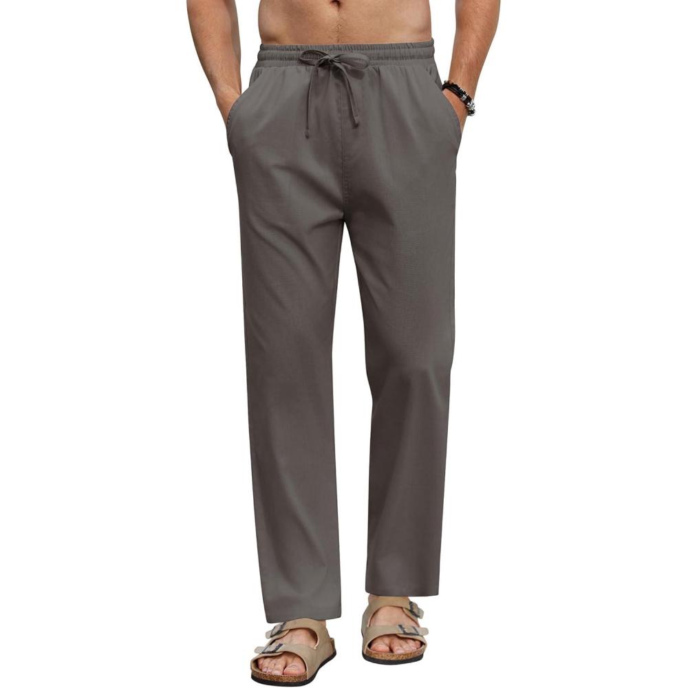 imageCOOFANDY Mens Linen Casual Pants Elastic Waist Beach Pants Lightweight Drawstring Summer Yoga PantsDark Gray