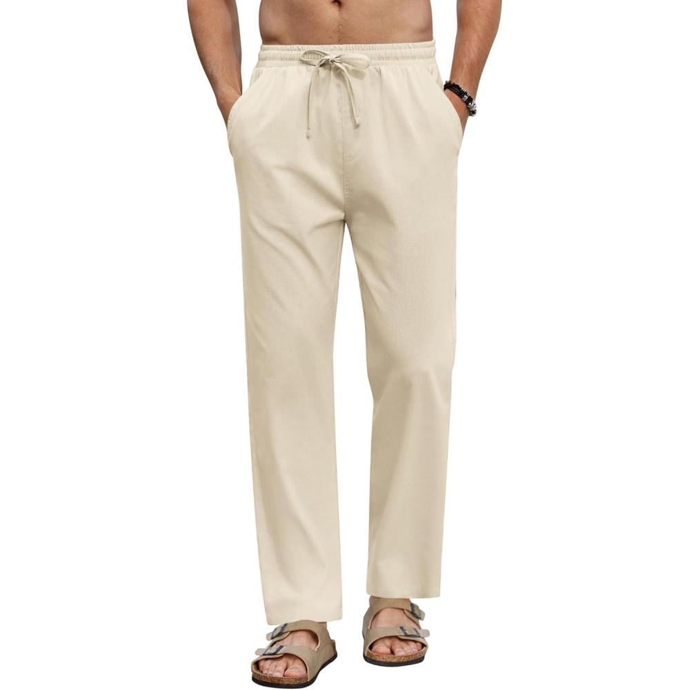 imageCOOFANDY Mens Linen Casual Pants Elastic Waist Beach Pants Lightweight Drawstring Summer Yoga PantsLight Khaki