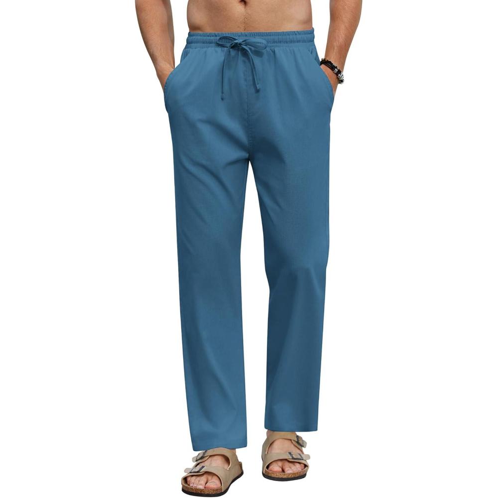 imageCOOFANDY Mens Linen Casual Pants Elastic Waist Beach Pants Lightweight Drawstring Summer Yoga PantsNavy Blue