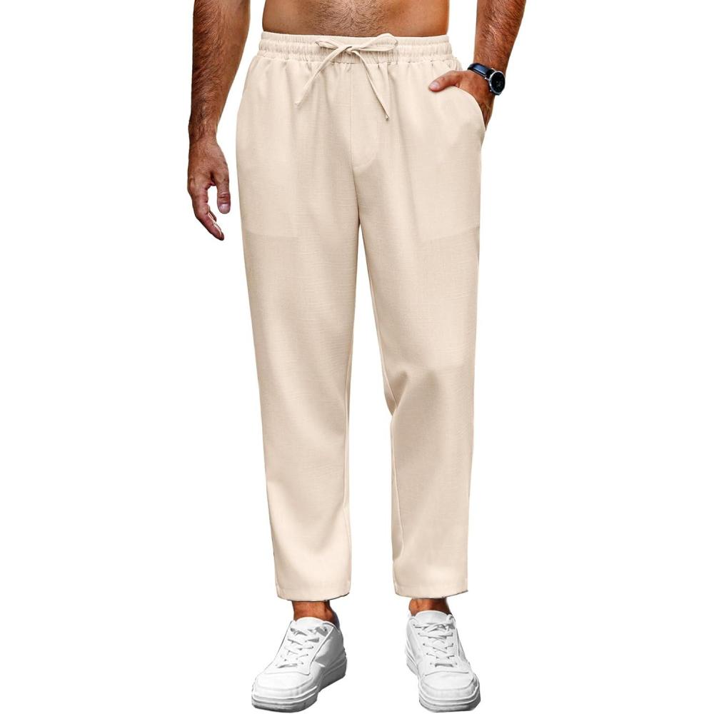 imageCOOFANDY Mens Linen Casual Pants Lightweight Drawstring Beach Pants Elastic Waist Cropped PantsBeige