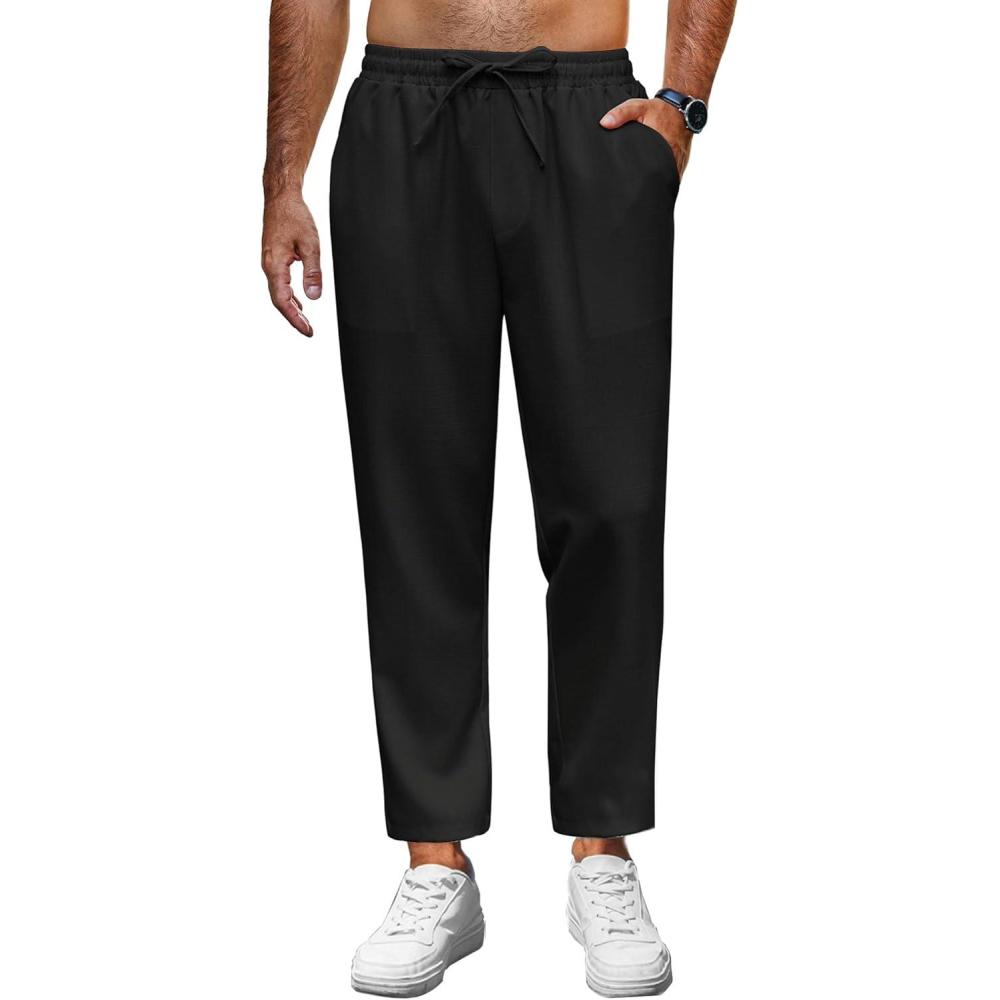 imageCOOFANDY Mens Linen Casual Pants Lightweight Drawstring Beach Pants Elastic Waist Cropped PantsBlack