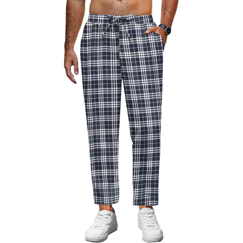 imageCOOFANDY Mens Linen Casual Pants Lightweight Drawstring Beach Pants Elastic Waist Cropped PantsBlack Plaid