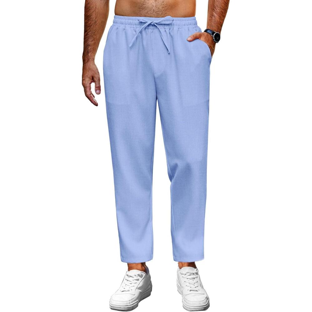 imageCOOFANDY Mens Linen Casual Pants Lightweight Drawstring Beach Pants Elastic Waist Cropped PantsBlue
