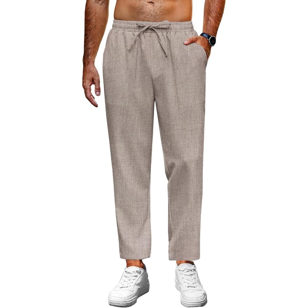 imageCOOFANDY Mens Linen Casual Pants Lightweight Drawstring Beach Pants Elastic Waist Cropped PantsChampagne