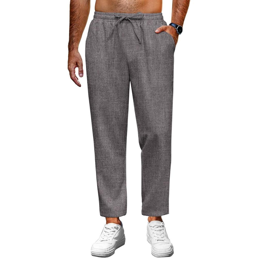 imageCOOFANDY Mens Linen Casual Pants Lightweight Drawstring Beach Pants Elastic Waist Cropped PantsDark Grey