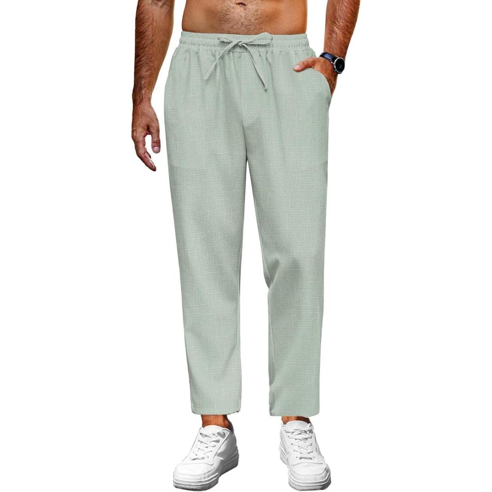 imageCOOFANDY Mens Linen Casual Pants Lightweight Drawstring Beach Pants Elastic Waist Cropped PantsLight Green