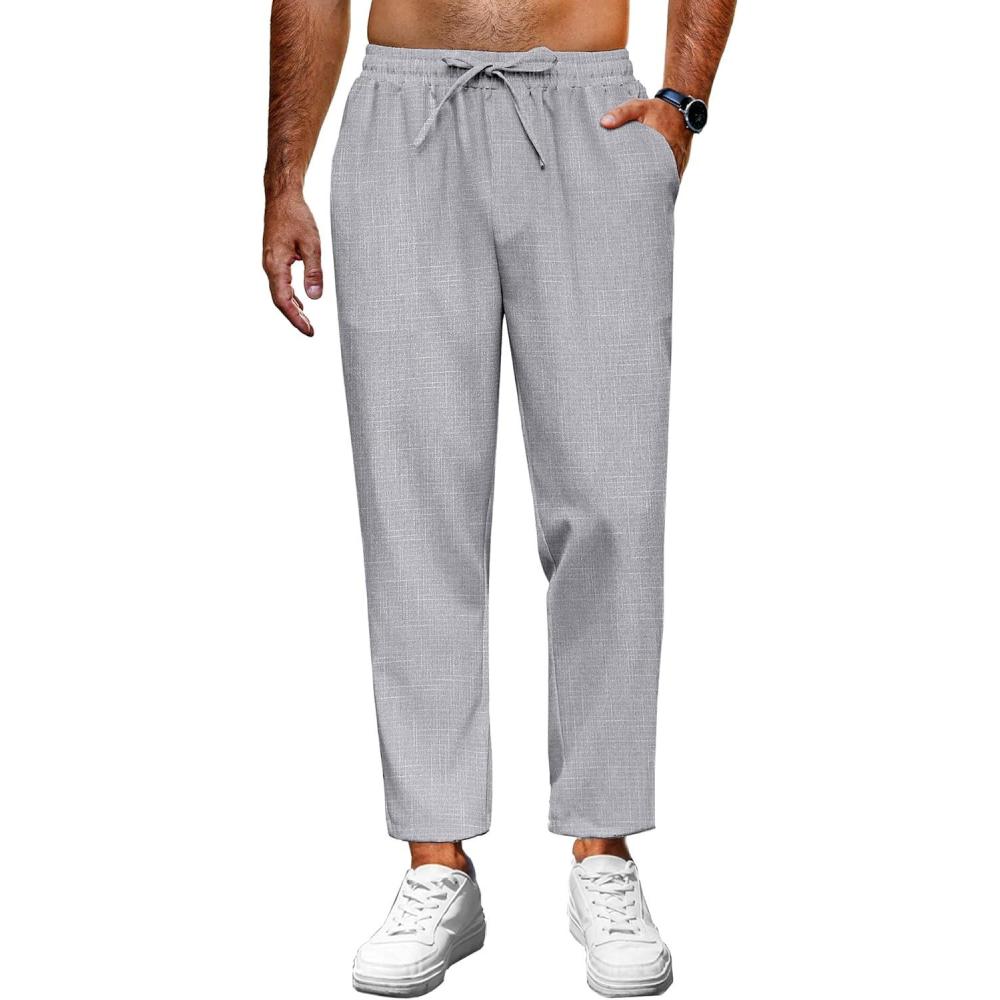 imageCOOFANDY Mens Linen Casual Pants Lightweight Drawstring Beach Pants Elastic Waist Cropped PantsLight Grey