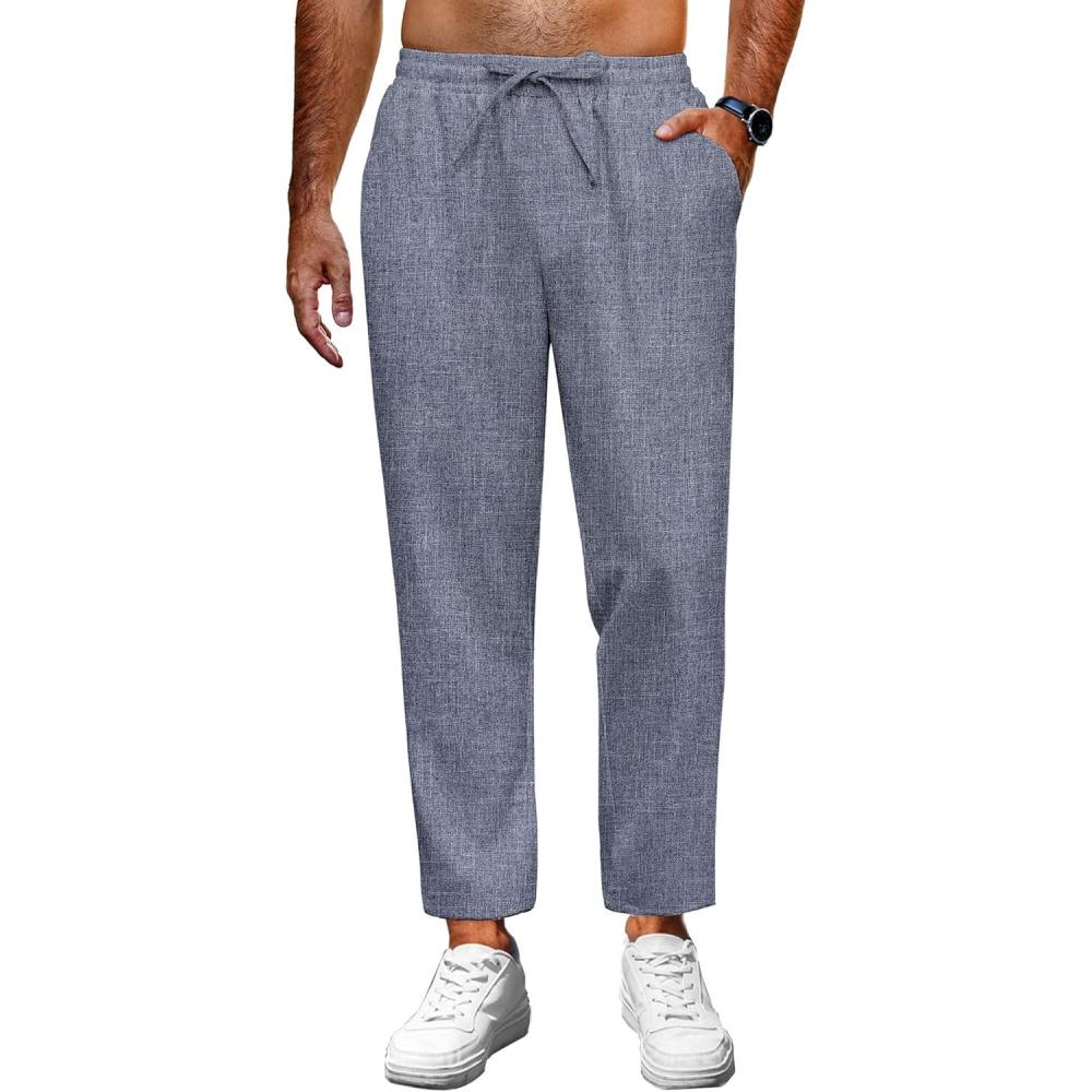 imageCOOFANDY Mens Linen Casual Pants Lightweight Drawstring Beach Pants Elastic Waist Cropped PantsNavy Blue