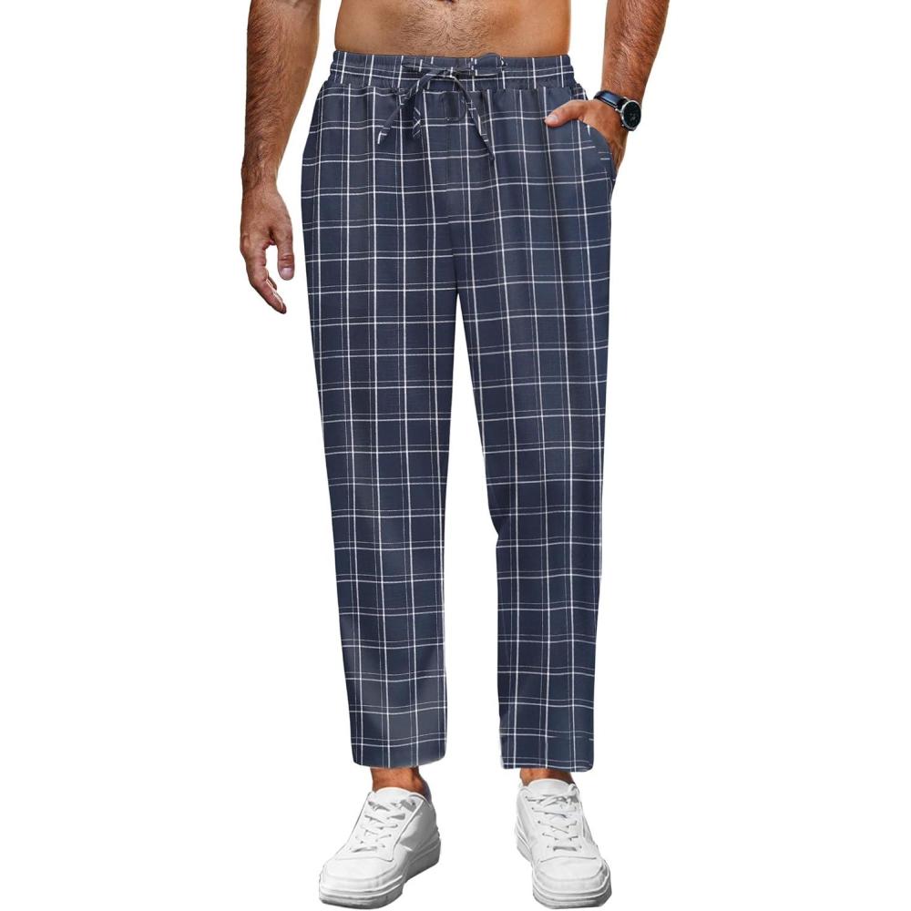 imageCOOFANDY Mens Linen Casual Pants Lightweight Drawstring Beach Pants Elastic Waist Cropped PantsNavy Blue Plaid