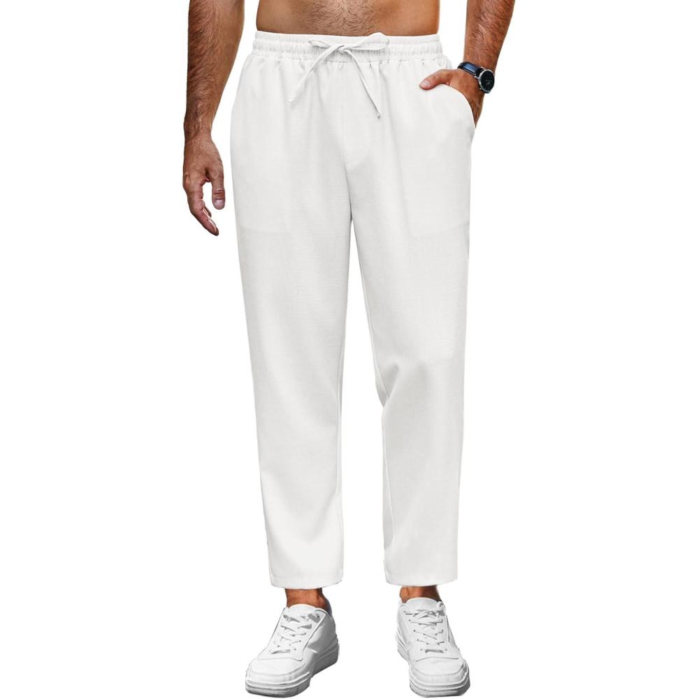 imageCOOFANDY Mens Linen Casual Pants Lightweight Drawstring Beach Pants Elastic Waist Cropped PantsWhite