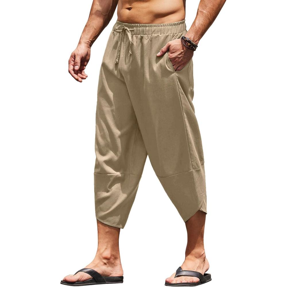 imageCOOFANDY Mens Linen Harem Capri Pants Lightweight Loose 34 Shorts Drawstring Elastic Waist Casual Beach Boho Yoga TrousersLight Brown