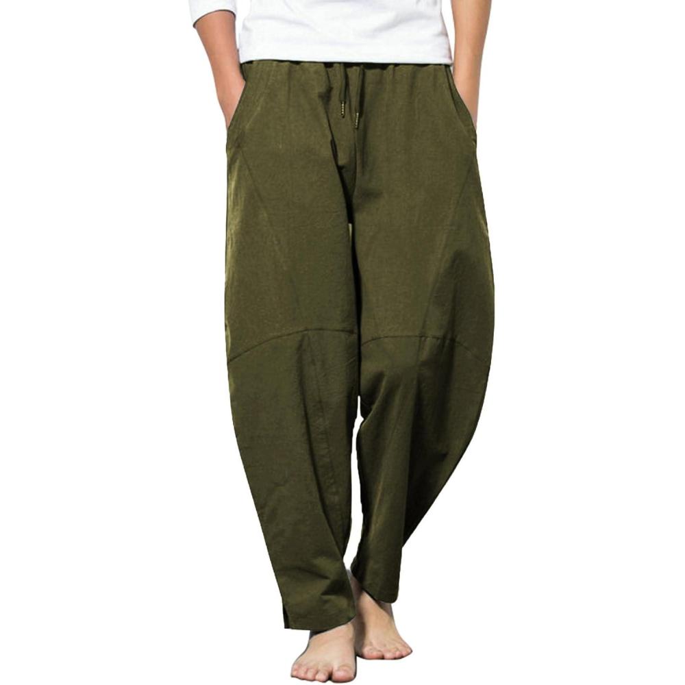 imageCOOFANDY Mens Linen Harem Drawstring Pants Casual Elastic Waist Lightweight Trouser Hippie Summer Beach Yoga PantsArmy Green
