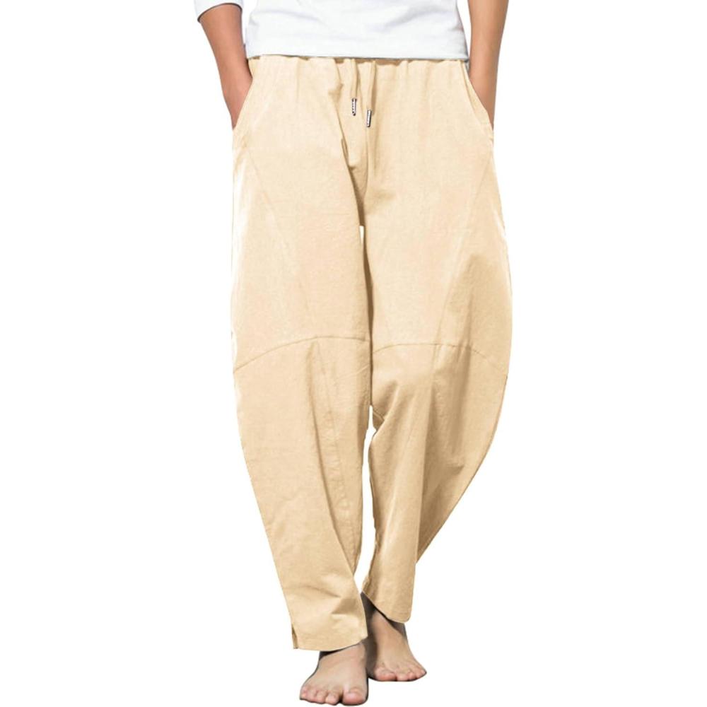 imageCOOFANDY Mens Linen Harem Drawstring Pants Casual Elastic Waist Lightweight Trouser Hippie Summer Beach Yoga PantsBeige
