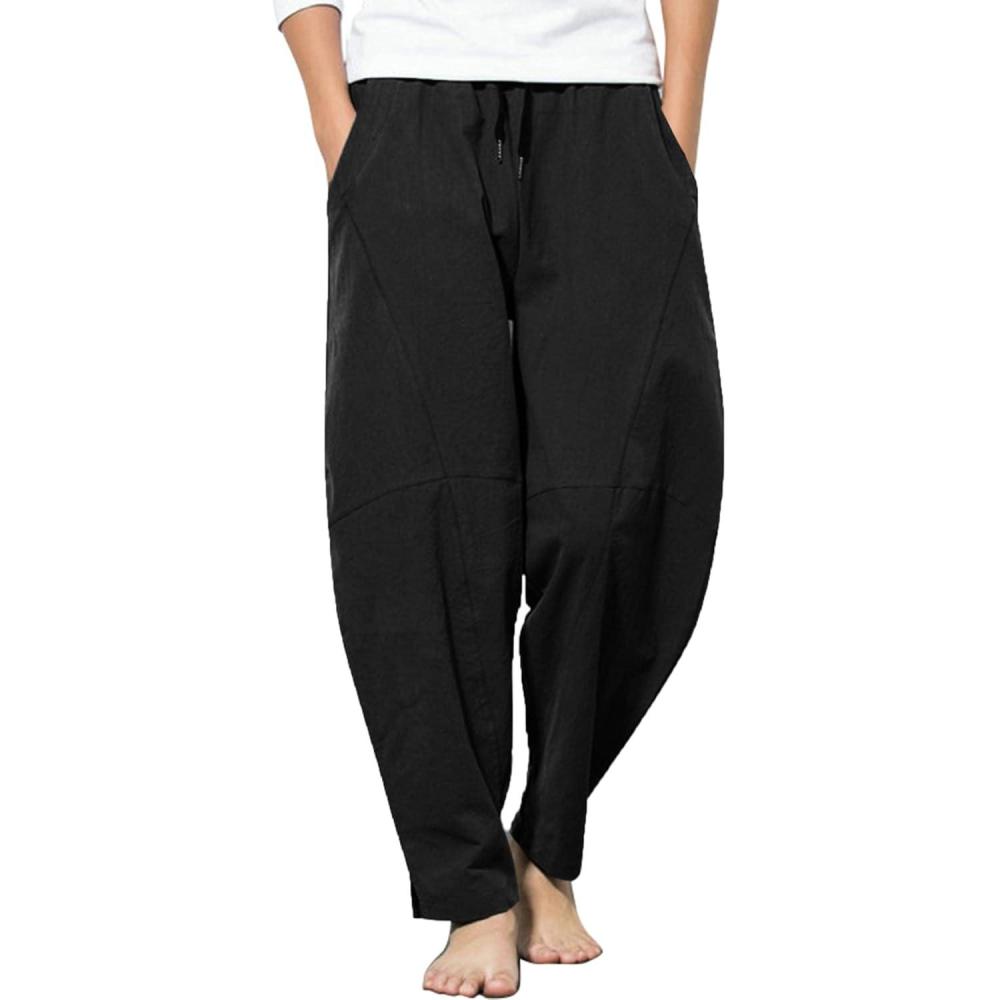 imageCOOFANDY Mens Linen Harem Drawstring Pants Casual Elastic Waist Lightweight Trouser Hippie Summer Beach Yoga PantsBlack