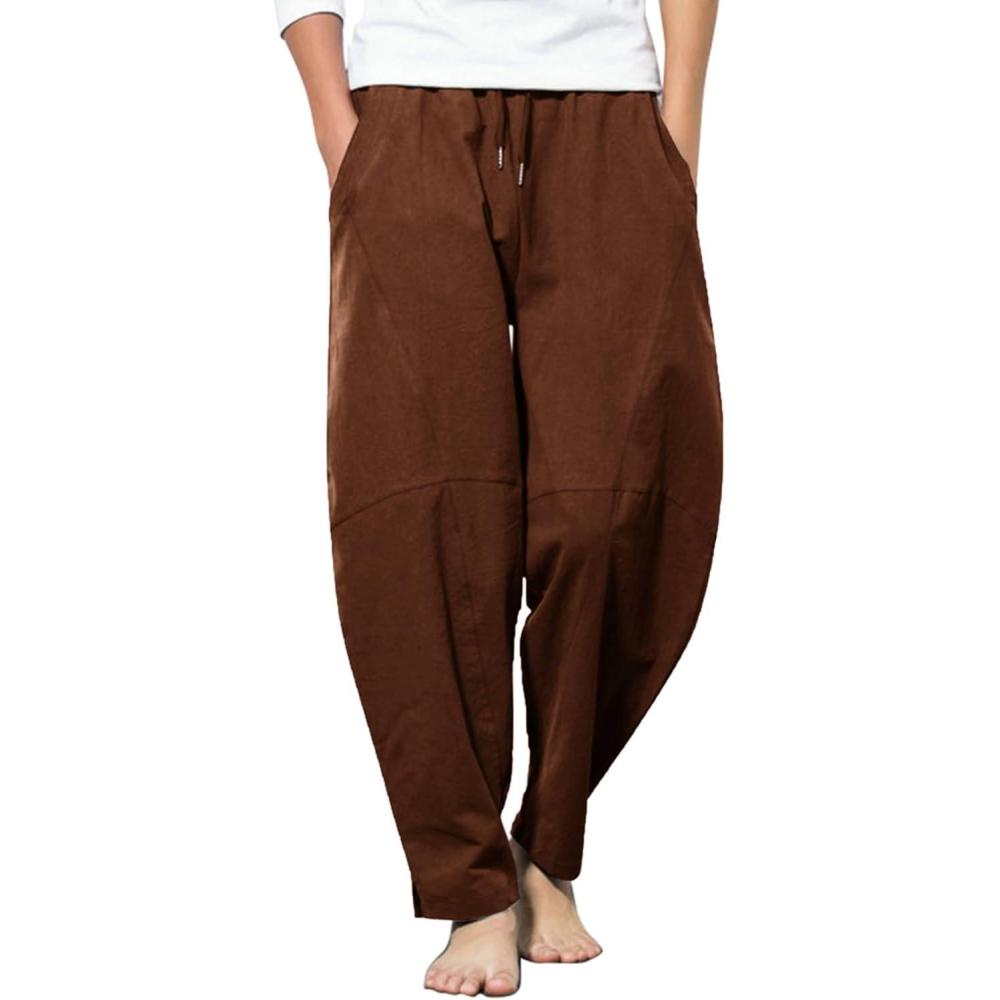 imageCOOFANDY Mens Linen Harem Drawstring Pants Casual Elastic Waist Lightweight Trouser Hippie Summer Beach Yoga PantsBrown
