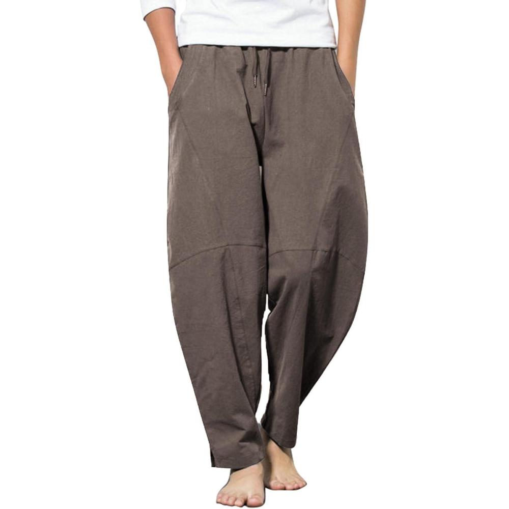 imageCOOFANDY Mens Linen Harem Drawstring Pants Casual Elastic Waist Lightweight Trouser Hippie Summer Beach Yoga PantsCoffee