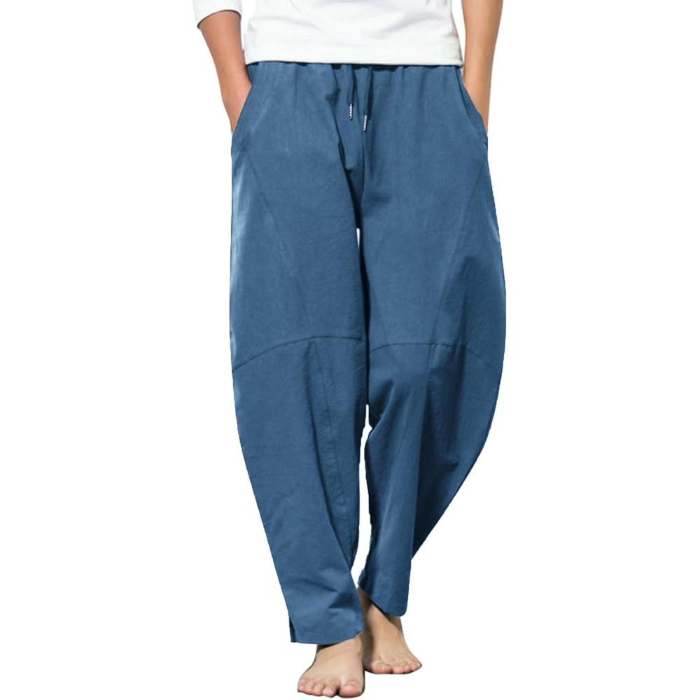 imageCOOFANDY Mens Linen Harem Drawstring Pants Casual Elastic Waist Lightweight Trouser Hippie Summer Beach Yoga PantsDark Blue