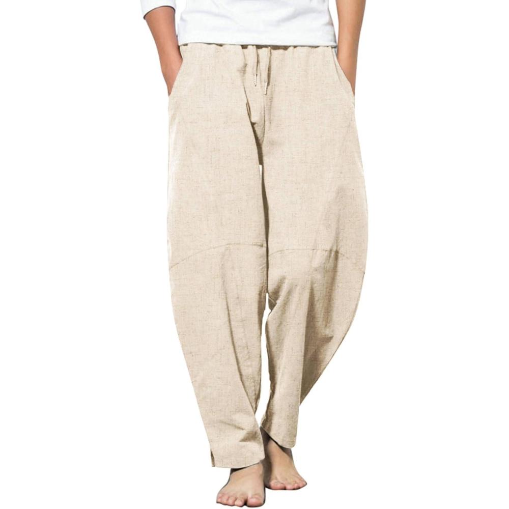 imageCOOFANDY Mens Linen Harem Drawstring Pants Casual Elastic Waist Lightweight Trouser Hippie Summer Beach Yoga PantsKhaki