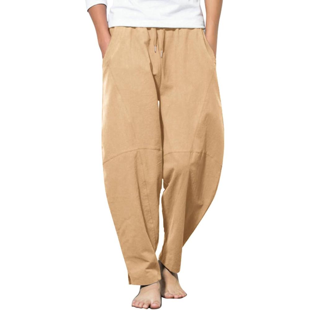 imageCOOFANDY Mens Linen Harem Drawstring Pants Casual Elastic Waist Lightweight Trouser Hippie Summer Beach Yoga PantsLight Tan